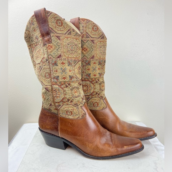 J. Jill Shoes - J.Jill Vintage Tapestry Leather Western Boots Pointed Toe Made in Brazil 9